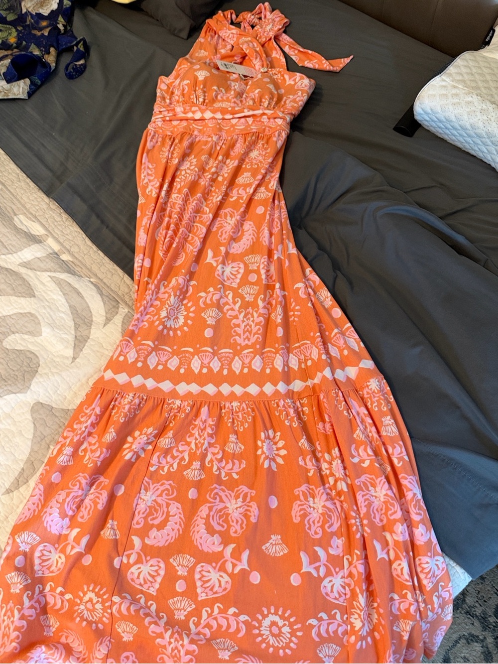 Lilly Pulitzer Coral Orange Halter Maxi Dress with Pale Pink Print